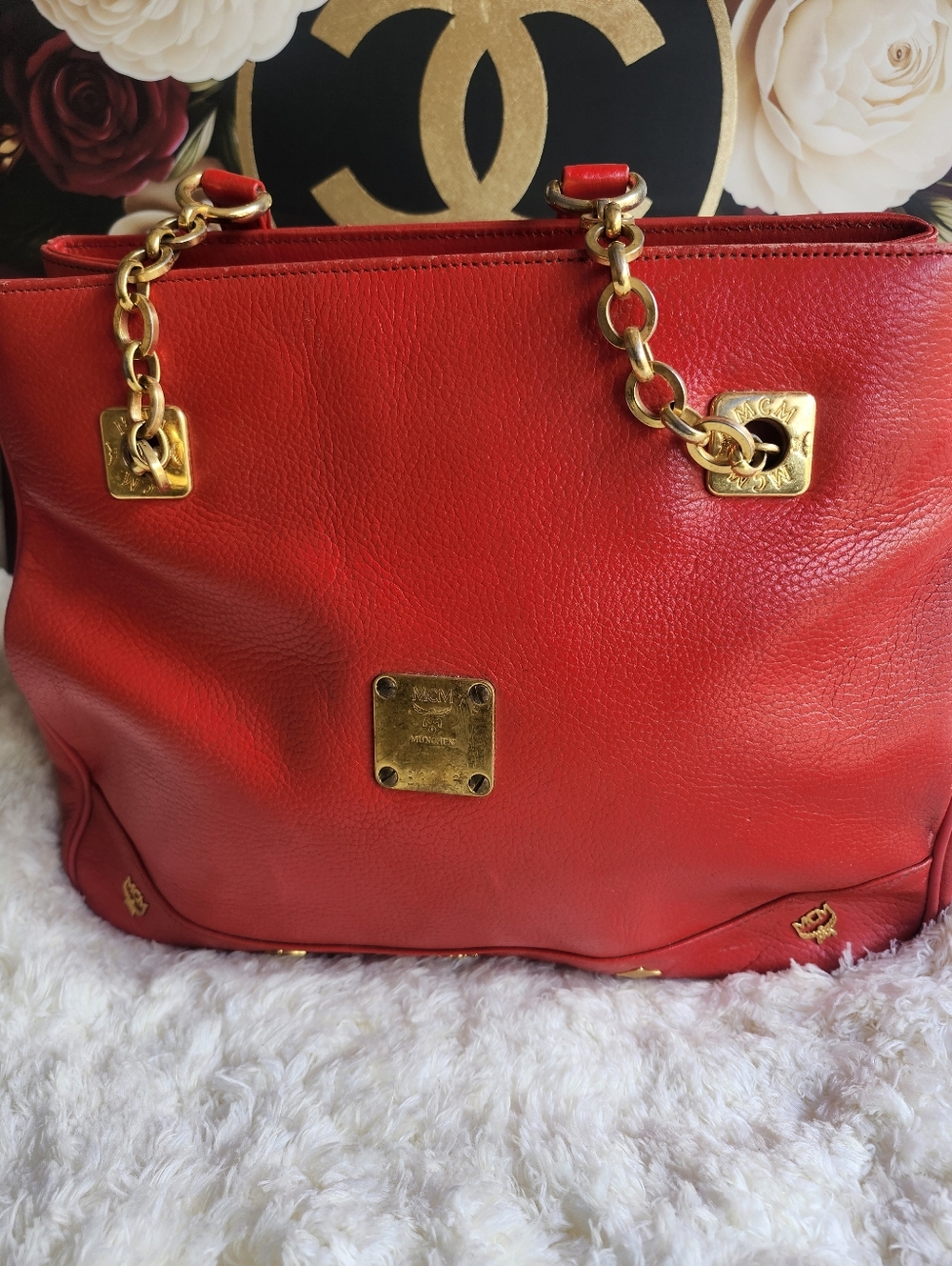 MCM Red Leather Tote with Gold Chain Accents